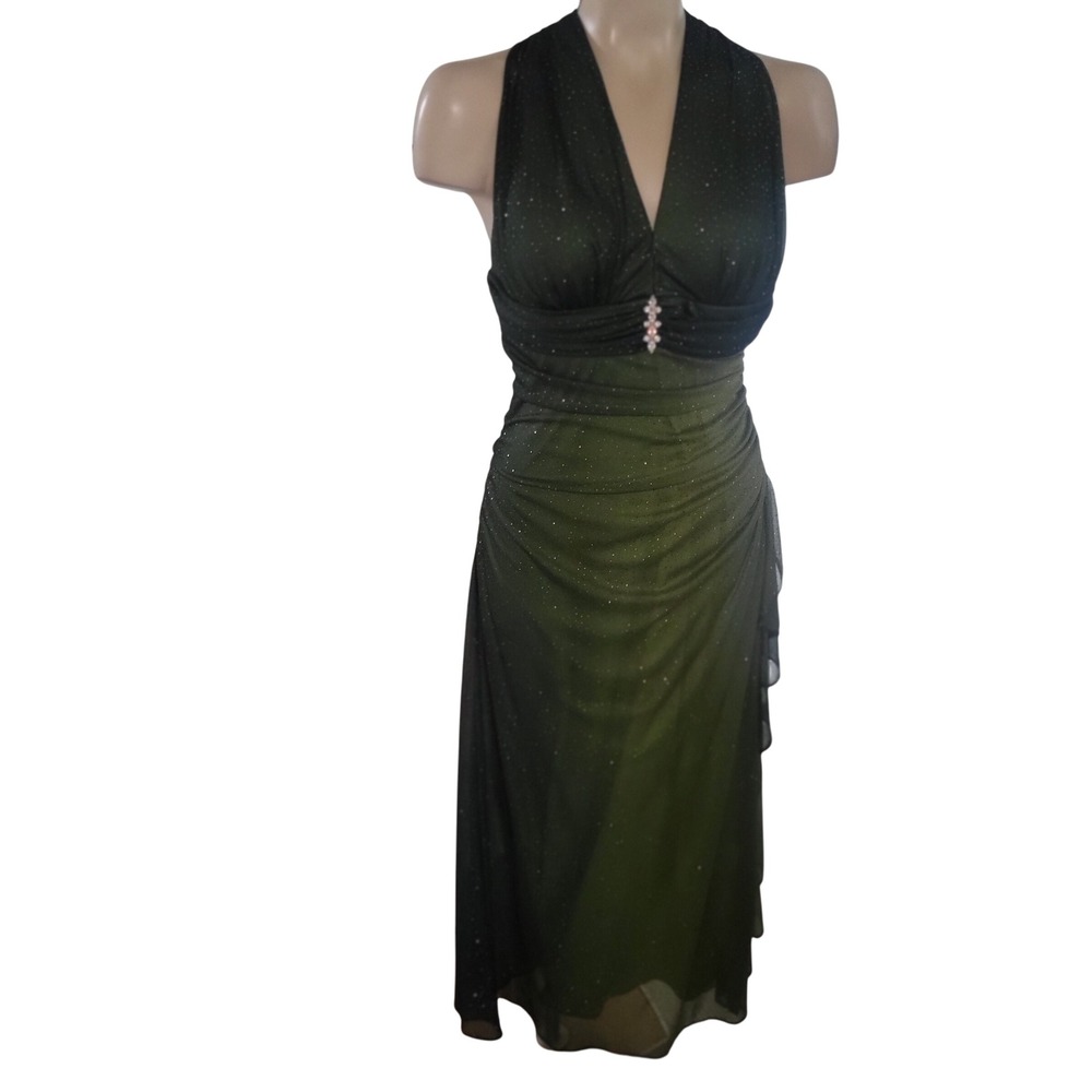 Betsy & Adam by Linda Bernell‎ Green Sparkle Halter Maxi Dress Rhinestone formal